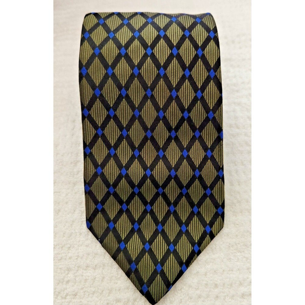 XMI for Nordstrom Men's Tie Silk Green Blue Diamond Pattern Hand Made USA EUC